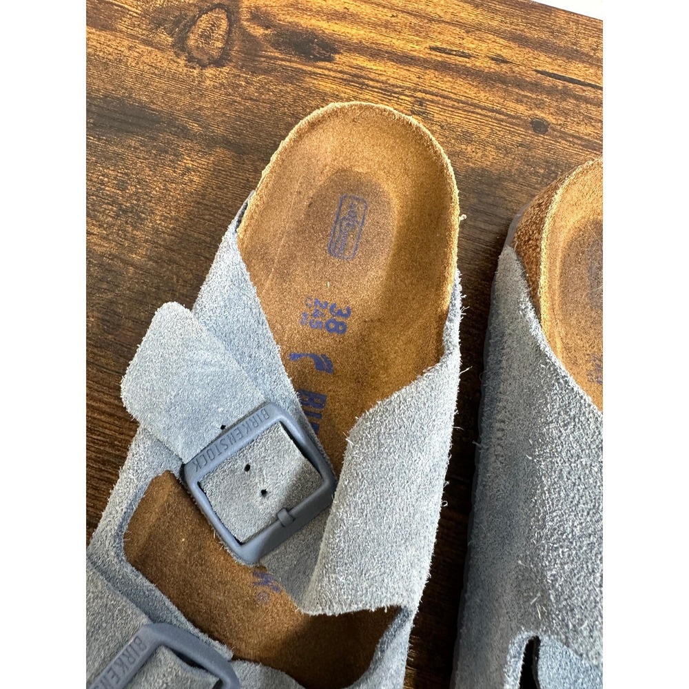 Birkenstock Arizona Soft Footbed Suede Sandals Buckle Blue Slides Size 38 L7 M9 - Picture 7 of 14